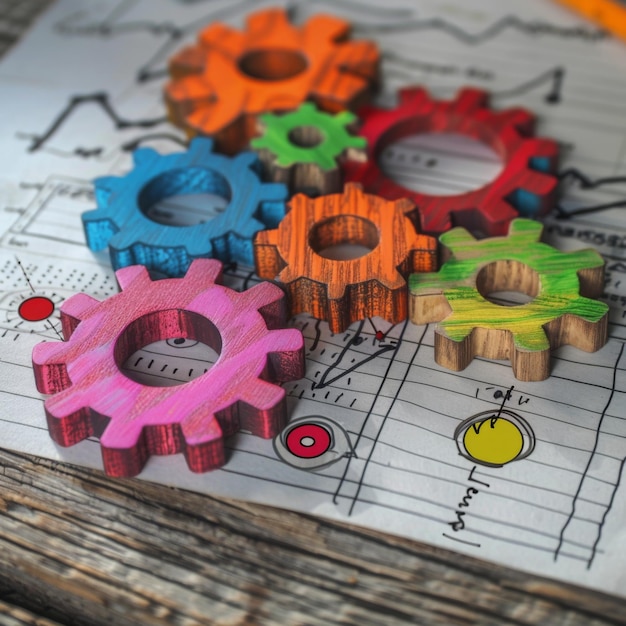 Colorful gears on a desk with sketches of business project Generative AI