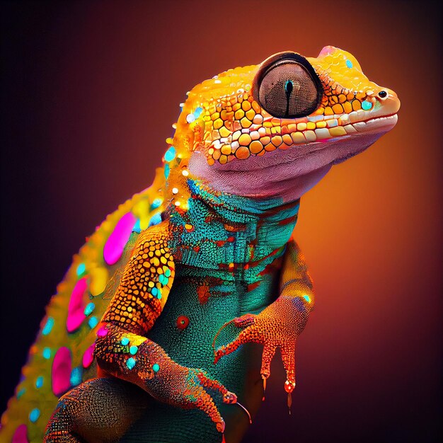 A colorful gecko with a red and blue ring around the eye.