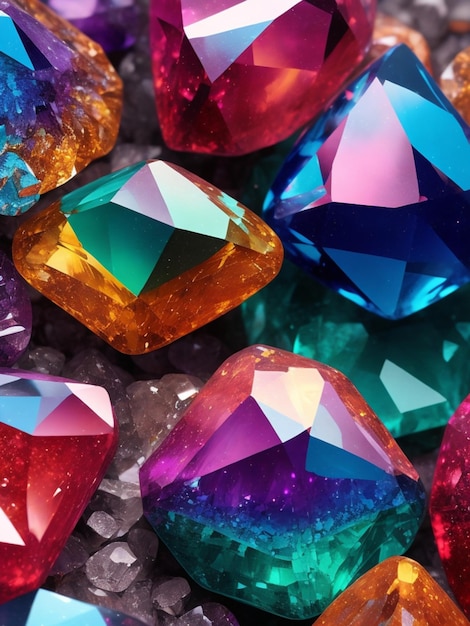 Colorful gems shining brightly on a dark background creating a captivating contrast of vibrant hues