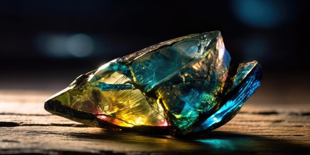 A colorful gemstone sits on a table.