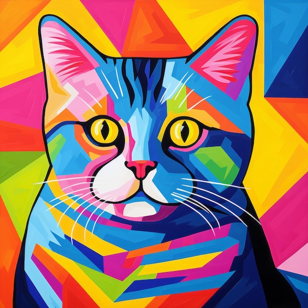 Colorful geometric cat painting inspired by picasso