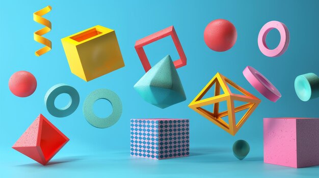 Colorful geometric shapes floating in space 3D style isolated flying objects memphis style 3D render AI generated illustration