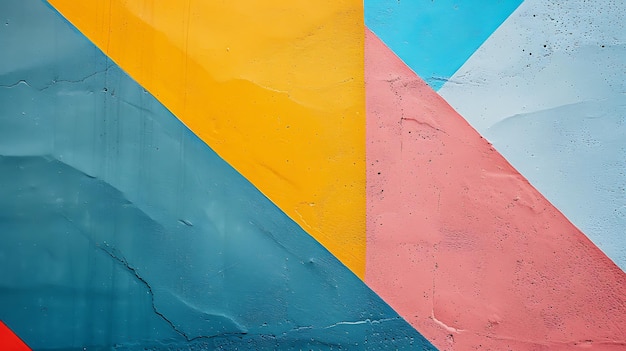 Colorful geometric shapes painted on a concrete wall The colors are blue yellow pink and white The shapes are triangles and quadrilaterals