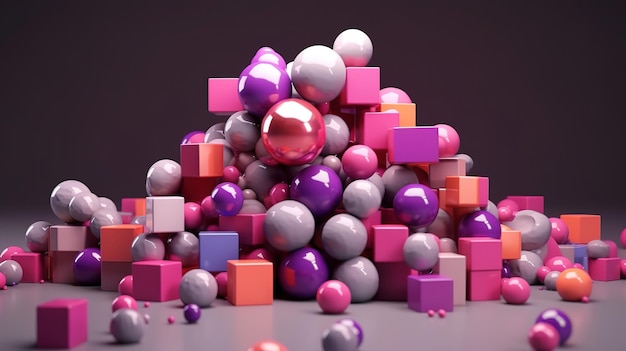 Colorful geometric shapes of white spheres on square form on pink floor against violet Generative Ai