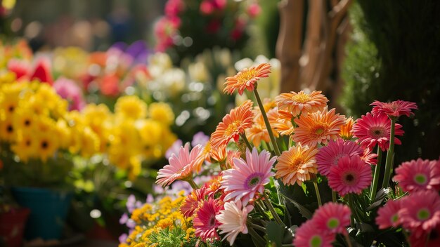 屋外 市場 で 太陽 の 光 に 晒さ れ て いる 色々 な ゲルベラ の 花