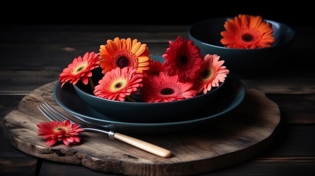 Colorful gerbera flowers on a black plate with cutlerygenerative ai