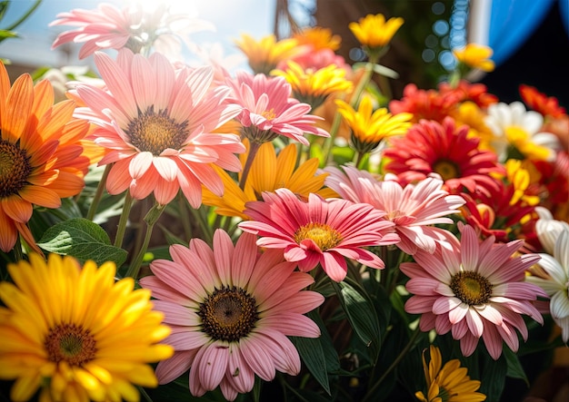 Colorful gerbera flowers blooming in the garden stock photo