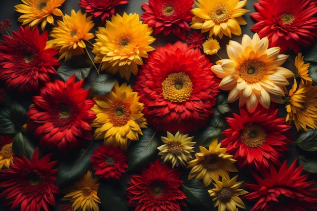 Colorful gerbera flowers on dark background top view generative ai