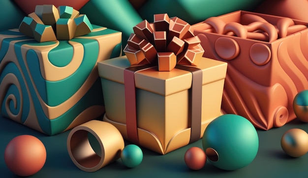 A colorful gift box with a bow sits among other items.