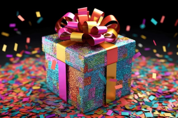 Colorful Gift Box With Many Falling Confetti On Blurred Background Generative AI