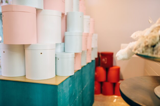 Colorful gift boxes in flower shop