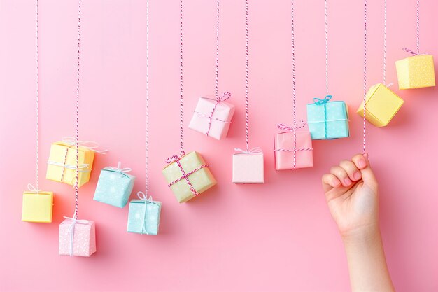 Photo colorful gift boxes on pink background with hand