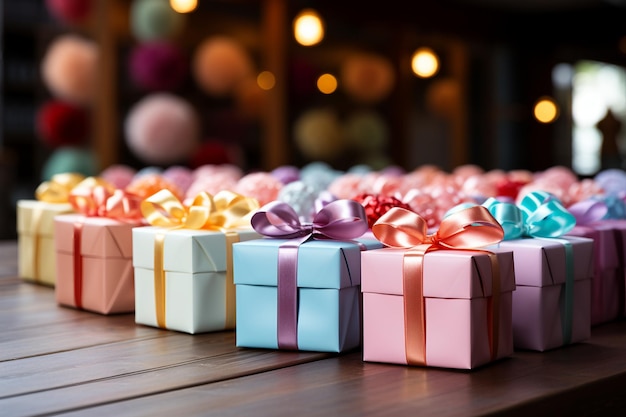 colorful gift boxes and pom poms on a wooden floor