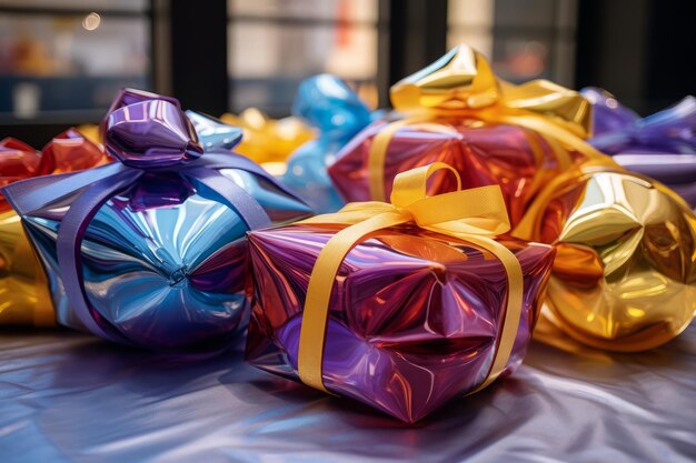 Photo colorful gift boxes on a table with a window in the background