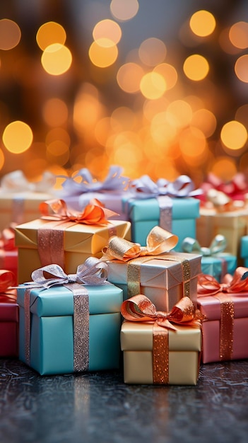 Фото Красочные подарочные коробки с разноцветными лентами на фоне мерцающих рождественских огней