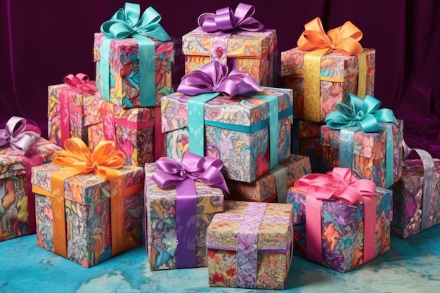 생성 AI로 만든 리본과 활이 있는 다채로운 선물 상자