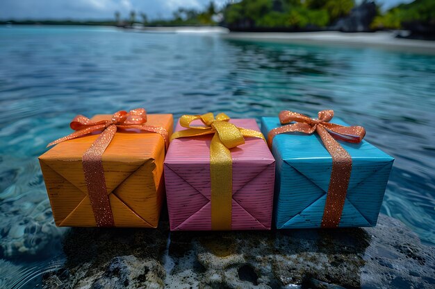 Foto scatole regalo colorate con nastri sulla spiaggia tropicale
