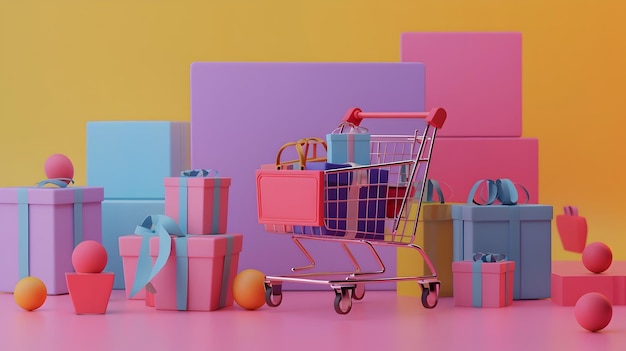 Colorful Gift Shopping Cart in Unreal Engine Style