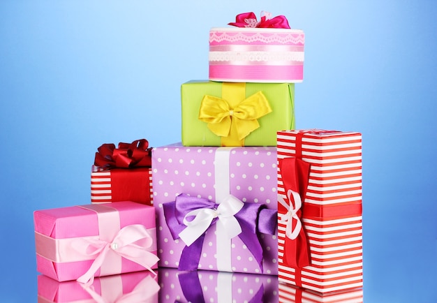 Colorful gifts on blue background