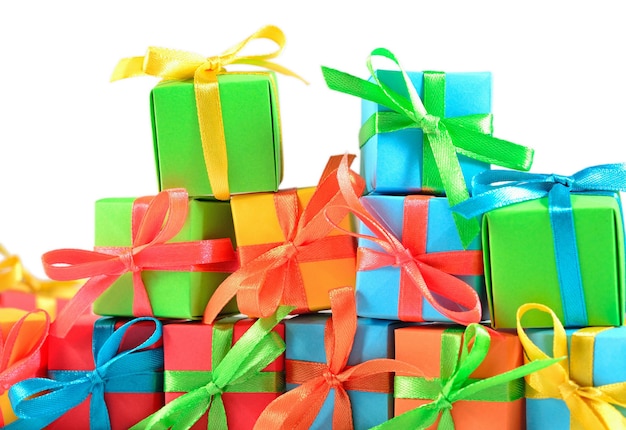 Colorful gifts close-up on a white background