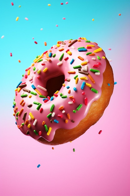 Colorful Giraffe Donut with Pink Icing and Sprinkles on a Vibrant Pink Background Generative AI