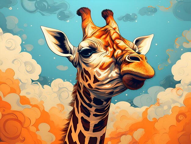 Colorful giraffe head illustration on colored background Realistic painting of head and neck of giraffe against trendy colored background with copy space animal painting Giraffe portrait banner