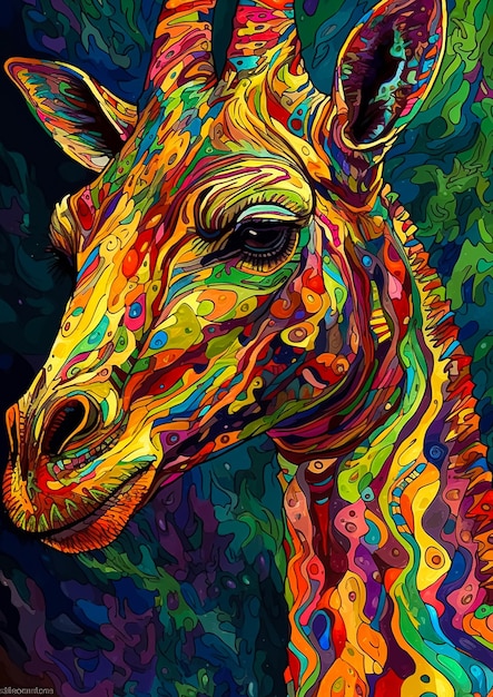 Colorful giraffe painting with a colorful giraffe.