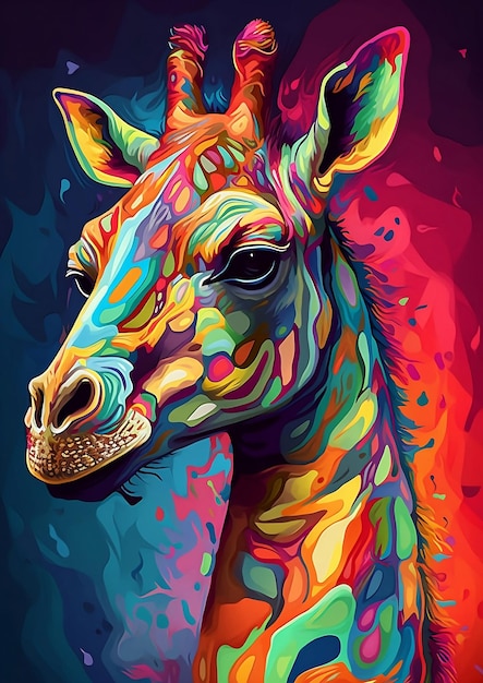 A colorful giraffe with a black nose and a black nose.