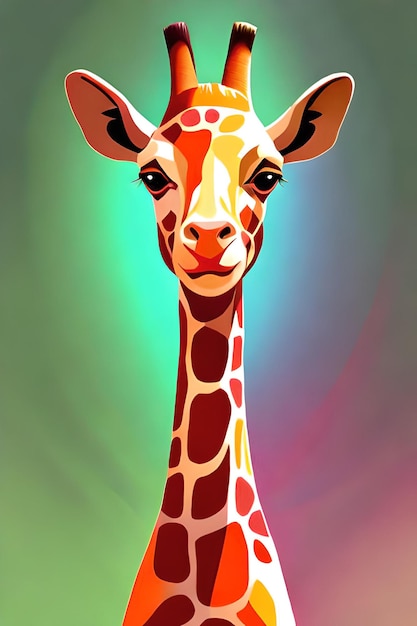 A colorful giraffe with a long neck and a green background.