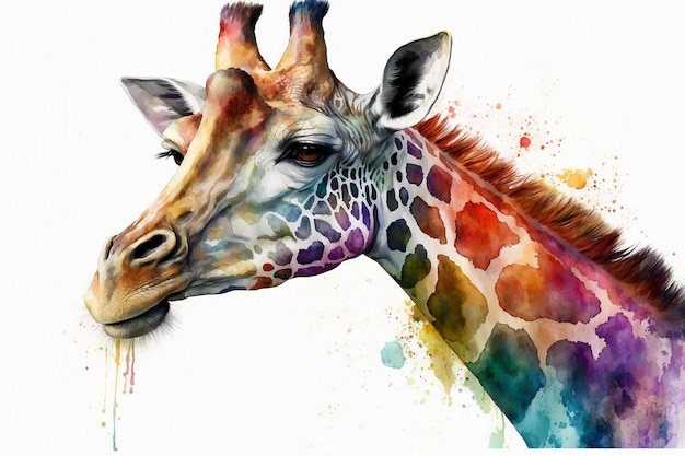 A colorful giraffe with a long neck and a long tongue.