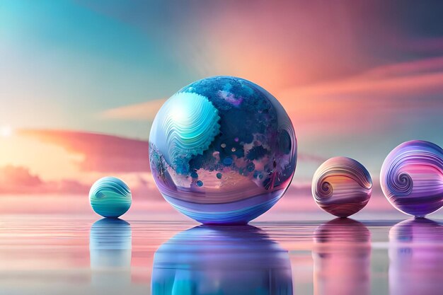 A colorful glass ball sits on a reflective surface with a pink and blue background.