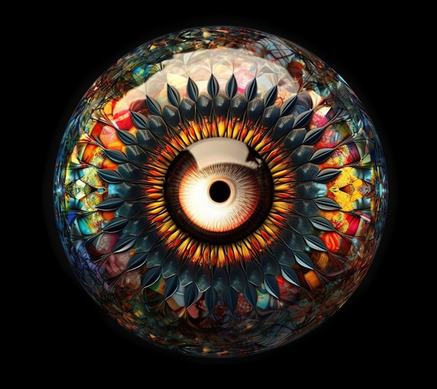 A colorful glass ball with a eye and a yellow eye.