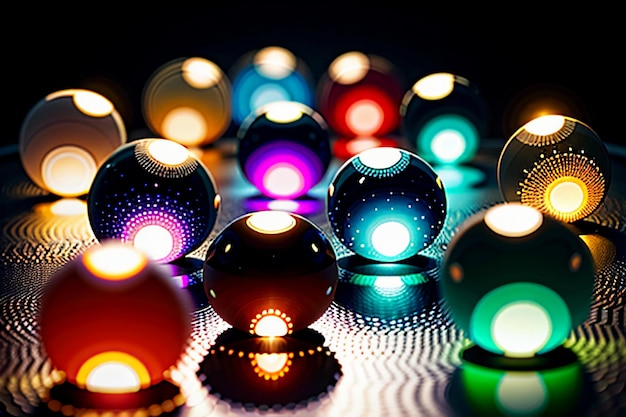 Colorful glass balls shine through the light emitting colorful beautiful light and shadow effects