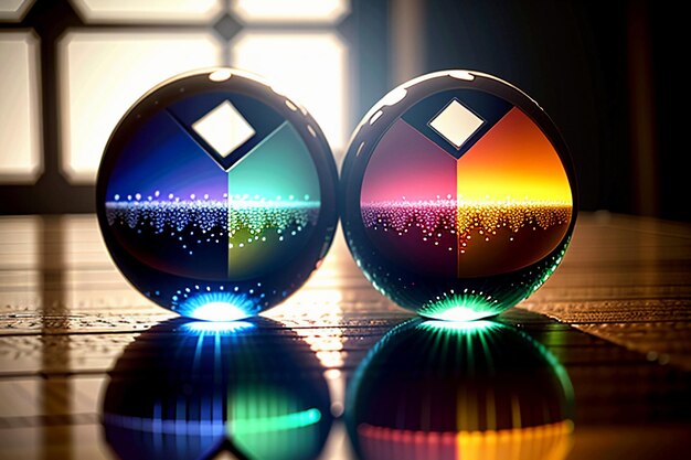 Photo colorful glass balls shine through the light emitting colorful beautiful light and shadow effects