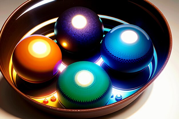 Colorful glass balls shine through the light emitting colorful beautiful light and shadow effects