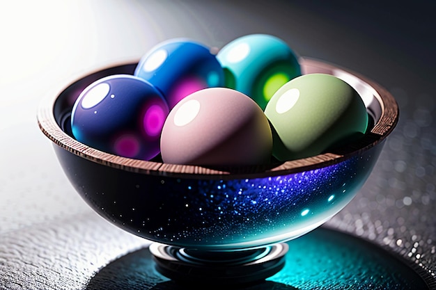Разноцветные стеклянные шарики сияют сквозь свет, создавая красочные красивые эффекты света и тени.