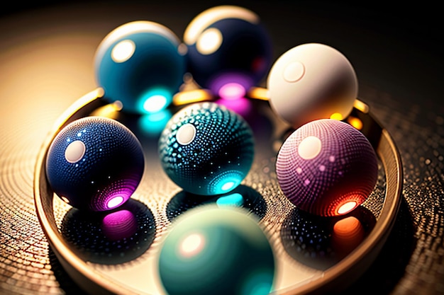 Colorful glass balls shine through the light emitting colorful beautiful light and shadow effects