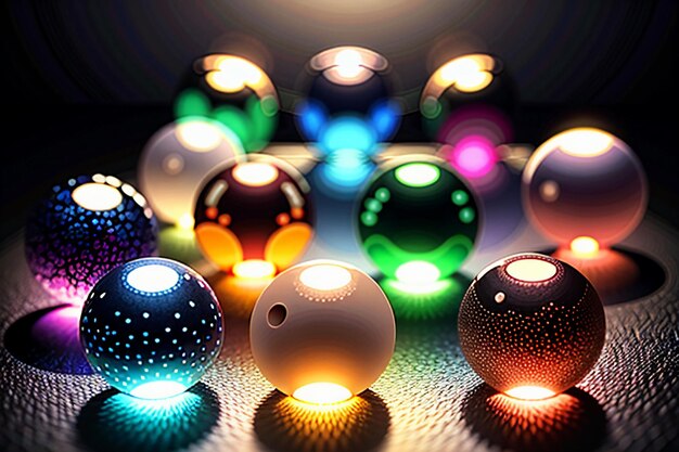 사진 다채로운 유리 공은 발광하는 다채로운 아름다운 빛과 그림자 효과를 통해 빛납니다.