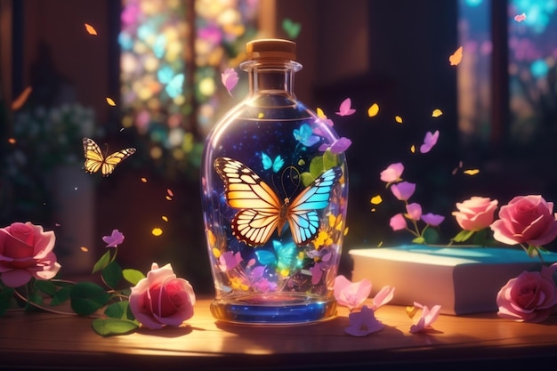 A colorful glass bottle with butterflies on the table and flowers in the background