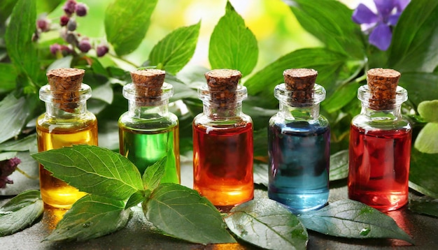 Photo colorful glass bottles of nature oil eco still life in the garden