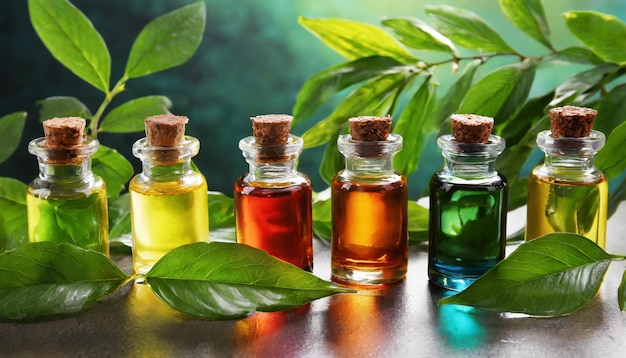 Photo colorful glass bottles of nature oil eco still life in the garden