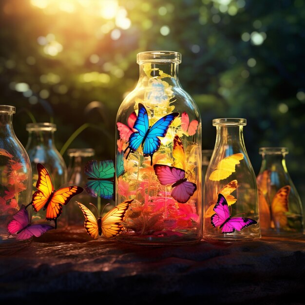 Colorful glass bottles transformed into vibrant butterflies in a natureinspired backdrop