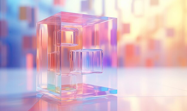 Colorful glass cube on table against vibrant cityscape AI Generative