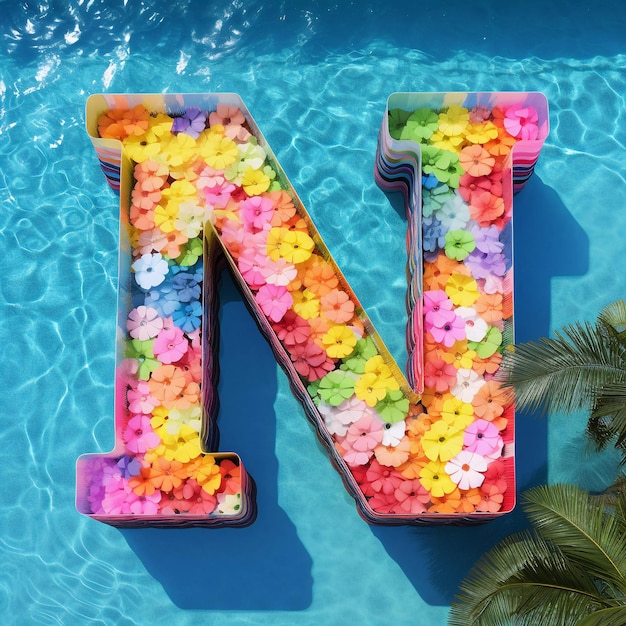 Colorful glass d shape of the letter n with flowers