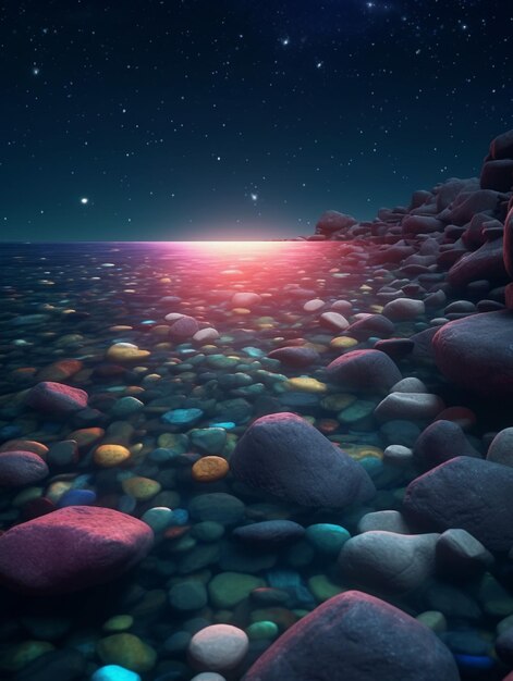 Photo colorful glass hearts on the beach at sunset colorful stones on the beach