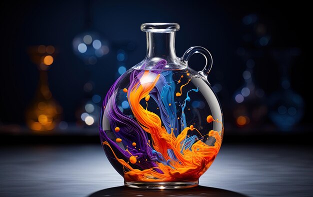 a colorful glass jug with purple and orange colors on it