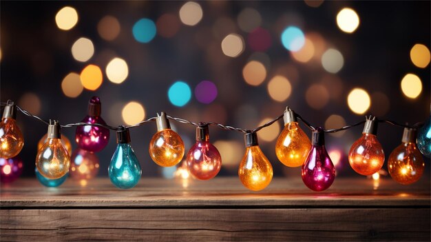 Photo colorful glass lights on a wooden shelf with the lights behind them