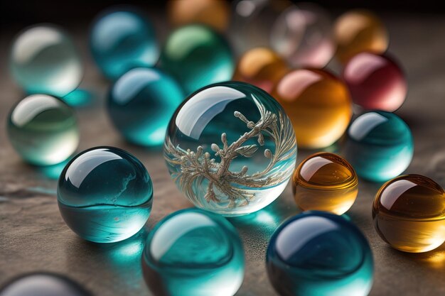 Photo colorful glass marbles on a the table selective focus ai generative