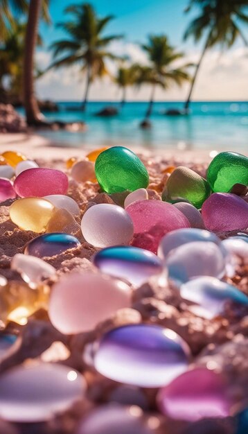 Foto pietra arenaria di vetro colorata sulla spiaggia e sullo sfondo del cielo, del mare e degli alberi di coccogenerative ai