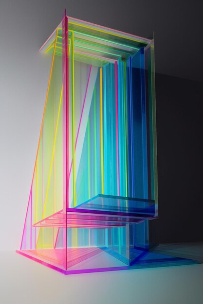 A colorful glass sculpture with a black background and a white wall.